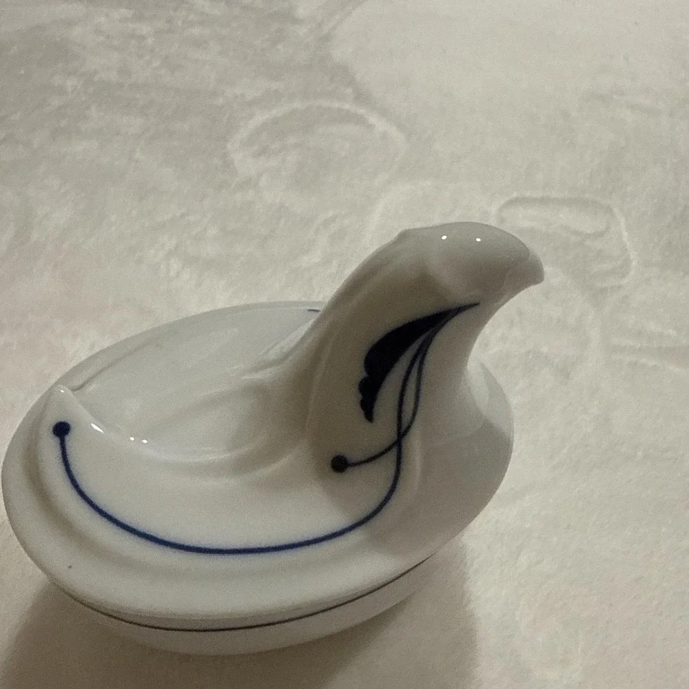 Vintage Dansk Flora Swan Trinket Box White Porcelain Blue Trim Japan